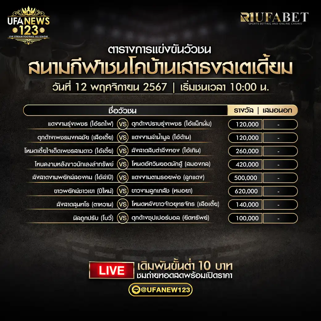 โปรแกรมวัวชน สนามกีฬาชนโคบ้านเสาธงสเตเดี้ยม เริ่มชนเวลา 10:00 น. 12 พฤศจิกายน 2567