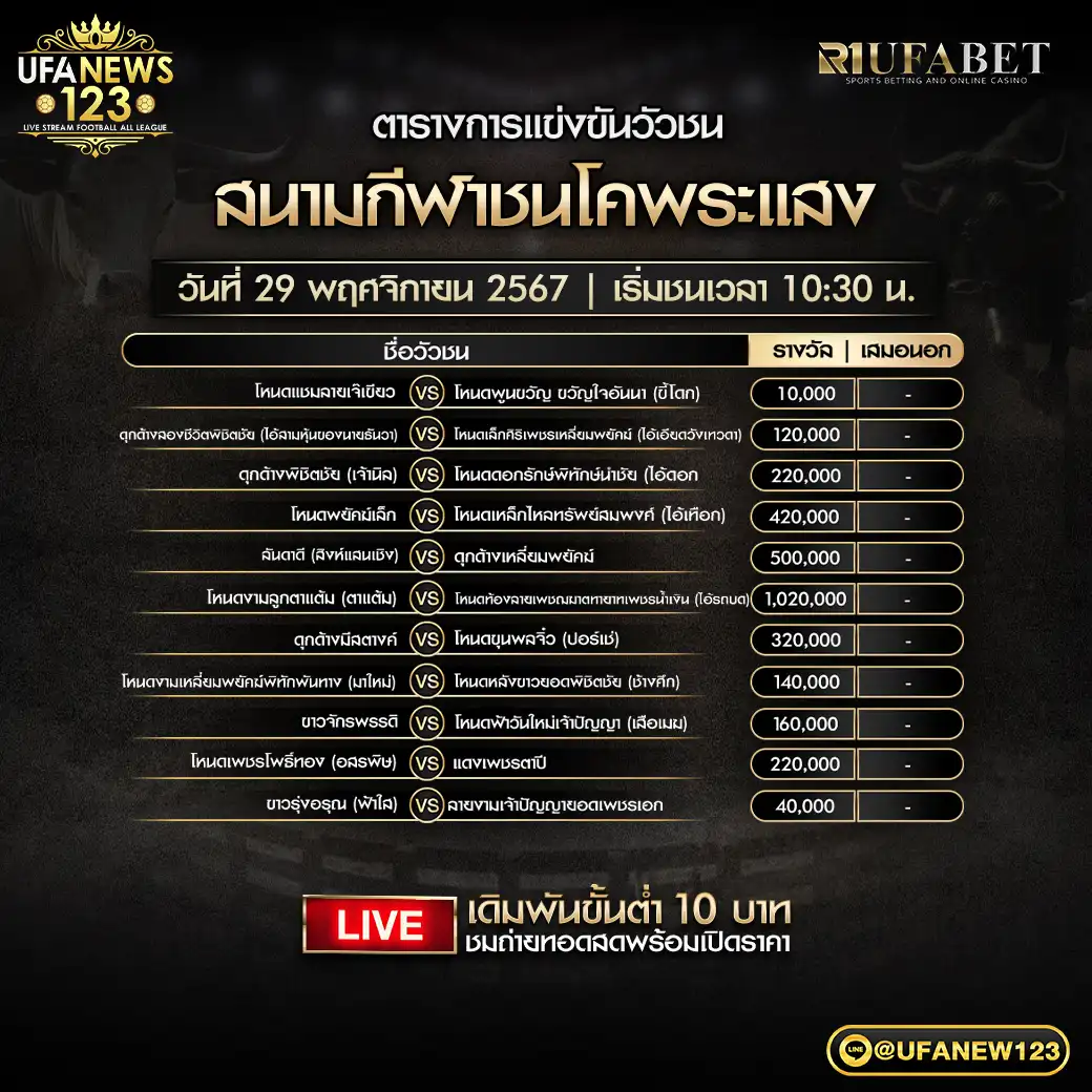 โปรแกรมวัวชน สนามชนโคพระแสง เริ่มชนเวลา 10.30 น. 29 พฤศจิกายน 2567