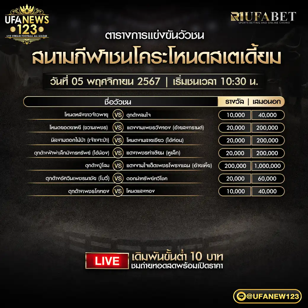 โปรแกรมวัวชน สนามชนโคระโนดสเตเดี้ยม เริ่มชนเวลา 10.30 น. 05 พฤศจิกายน 2567