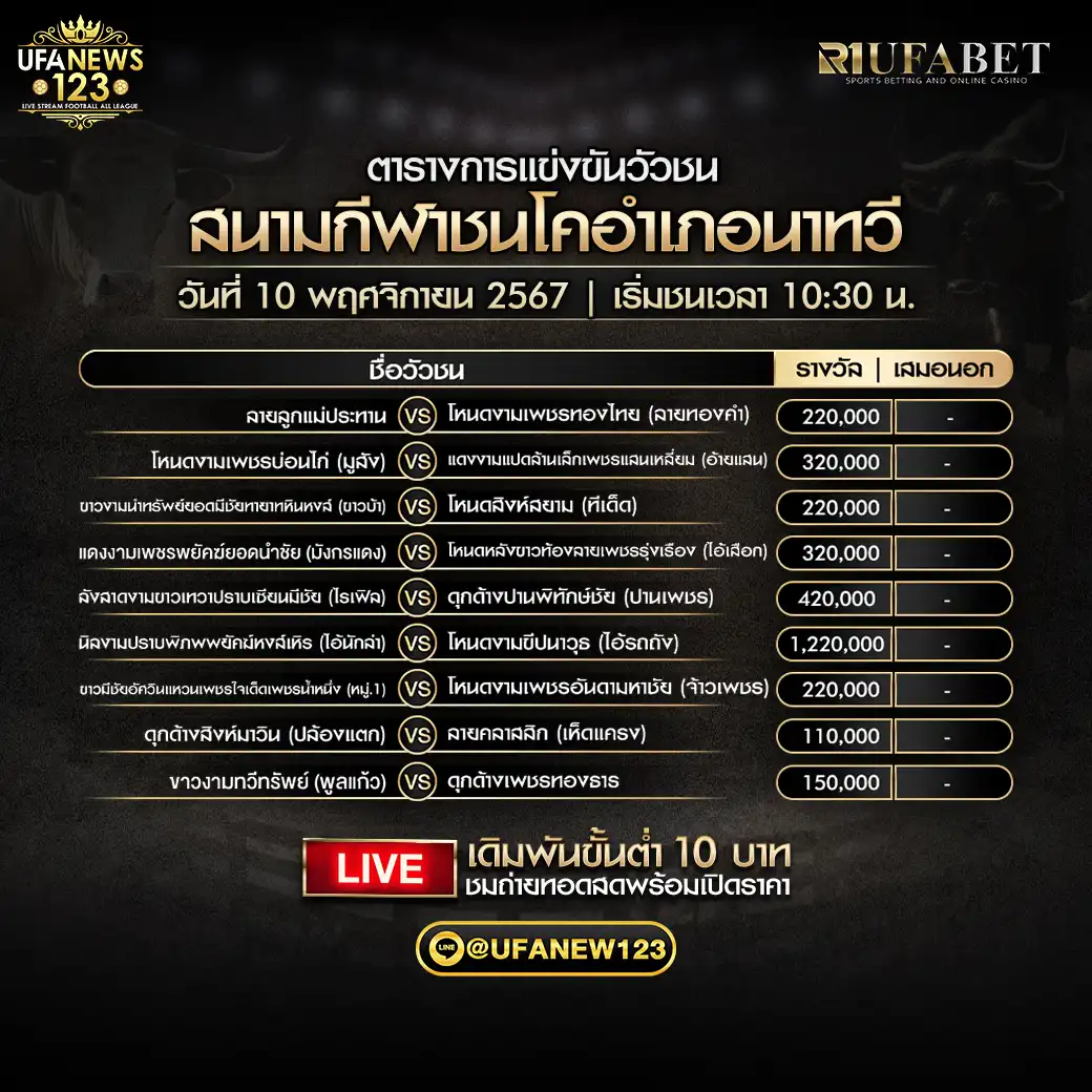 โปรแกรมวัวชน สนามกีฬาชนโคอำเภอนาทวี เริ่มชนเวลา 10:30 น. 10 พฤศจิกายน 2567