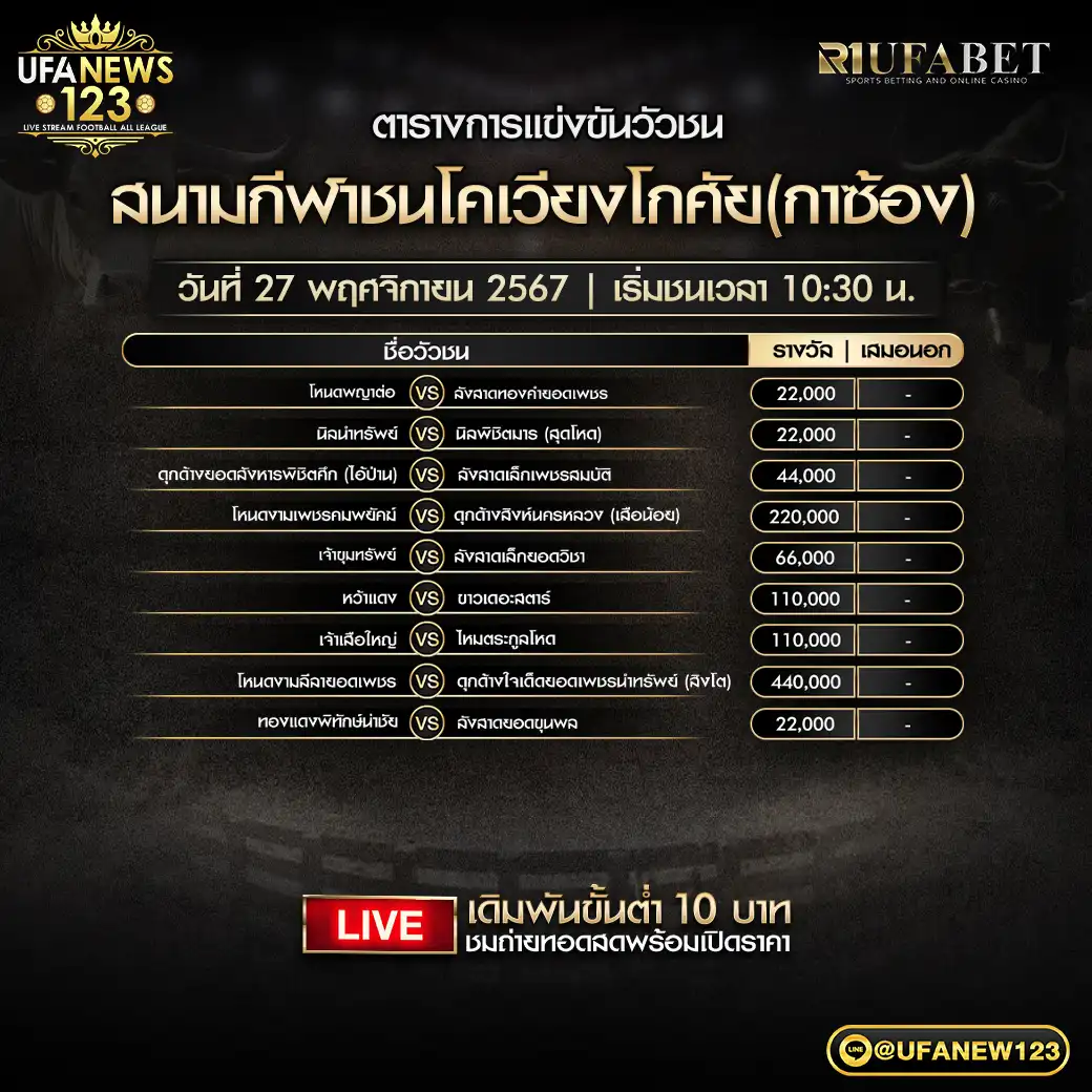 โปรแกรมวัวชน สนามชนโคเวียงโกศัย (กาซ้อง) เริ่มชนเวลา 10:30 น. 27 พฤศจิกายน 2567