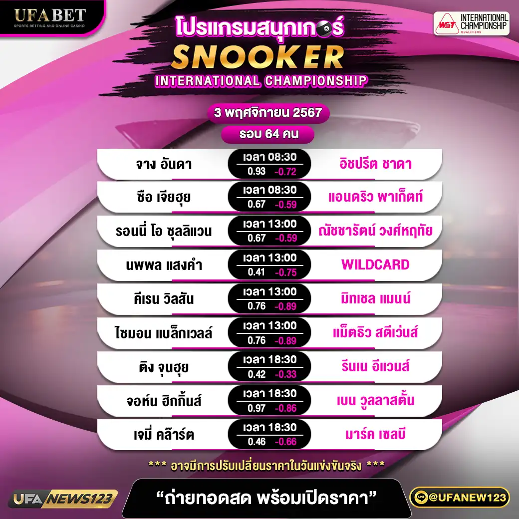 โปรแกรมสนุกเกอร์ SNOOKER INTERNATIONAL CHAMPIONSHIP เวลา 08.30 น. 03 พฤศจิกายน 2567