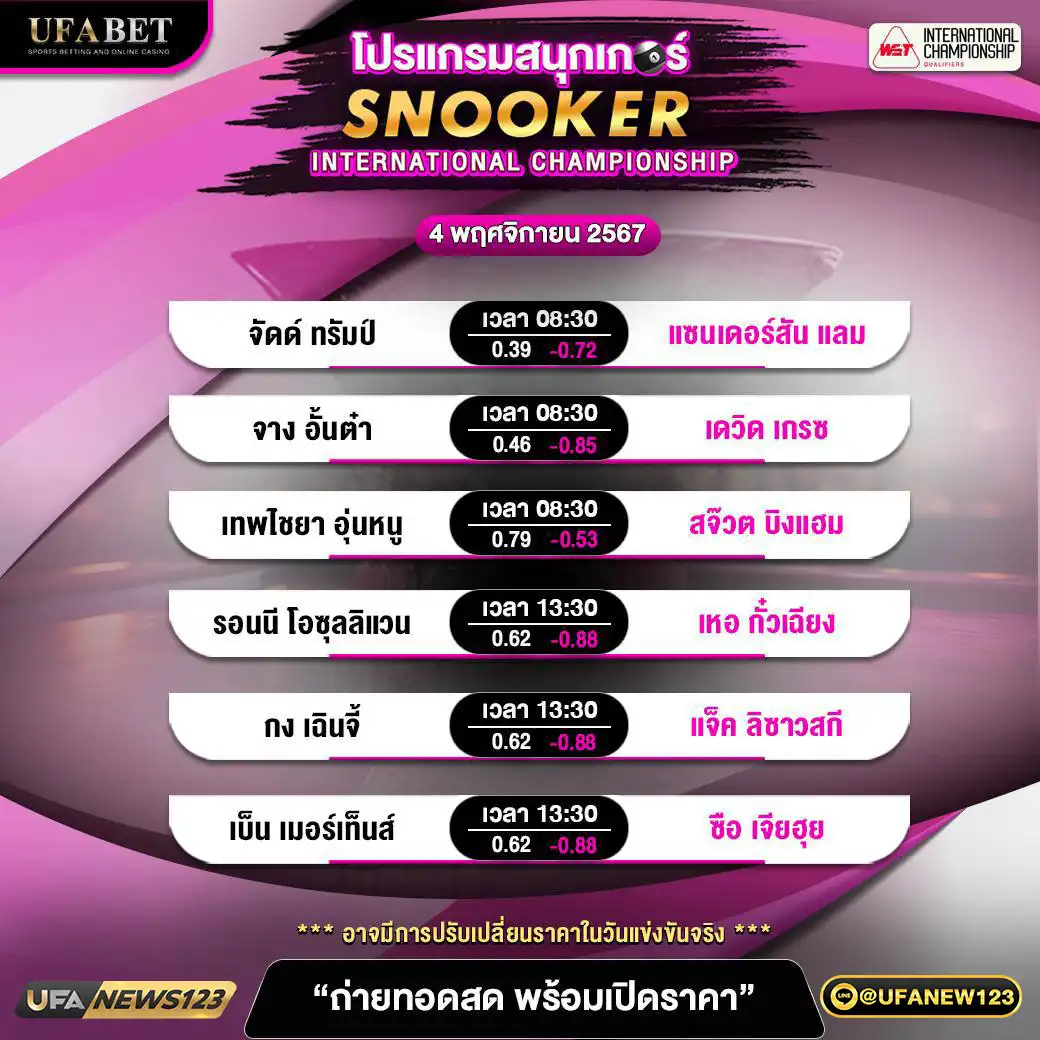 โปรแกรมสนุกเกอร์ SNOOKER INTERNATIONAL CHAMPIONSHIP เวลา 08.30 น. 04 พฤศจิกายน 2567