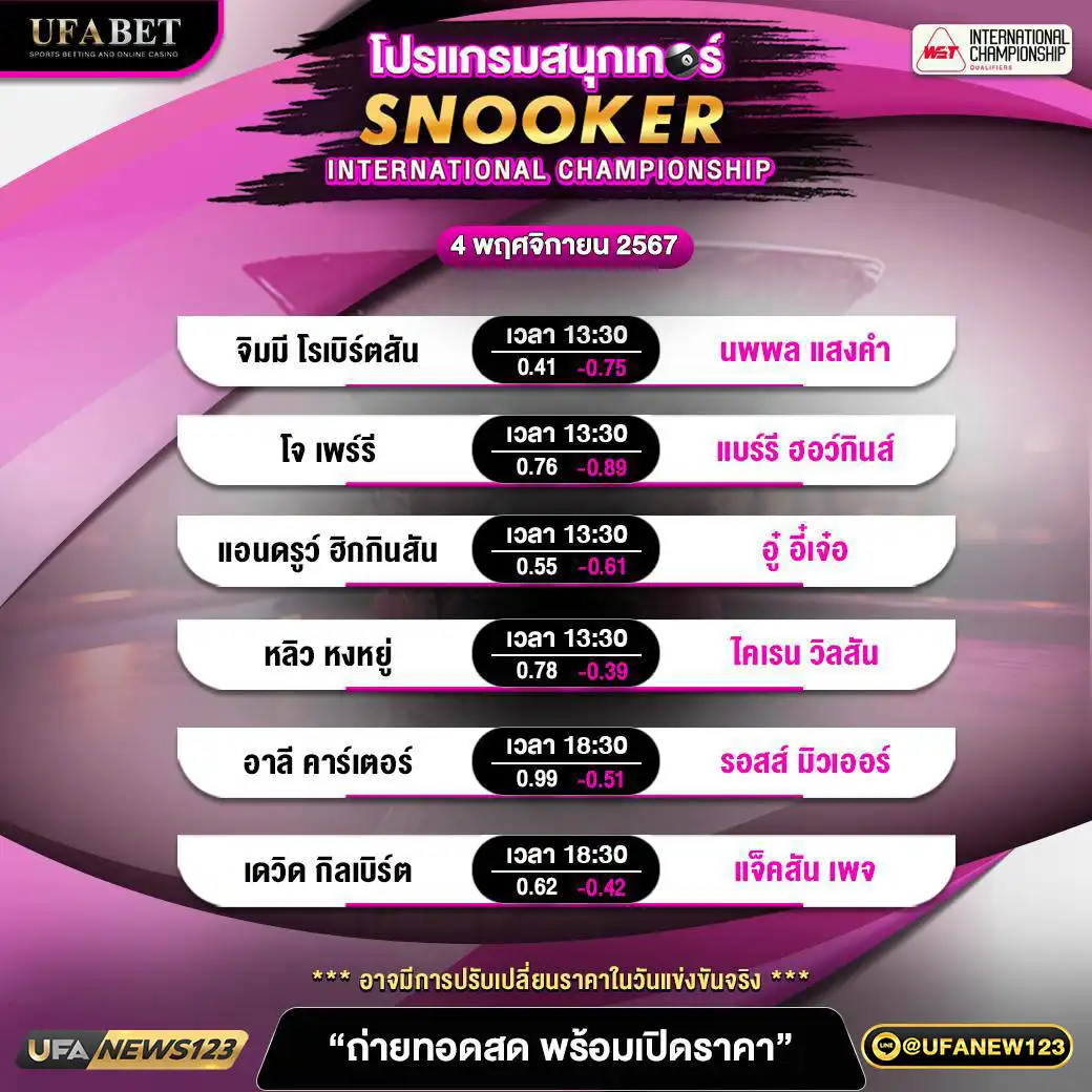 โปรแกรมสนุกเกอร์ SNOOKER INTERNATIONAL CHAMPIONSHIP เวลา 13.30 น. 04 พฤศจิกายน 2567