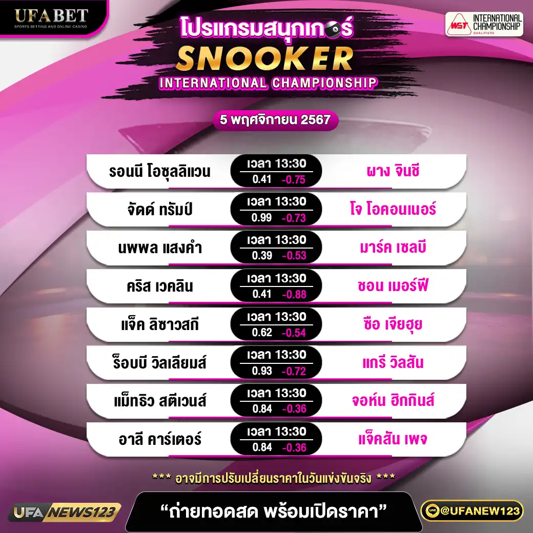 โปรแกรมสนุกเกอร์ SNOOKER INTERNATIONAL CHAMPIONSHIP เวลา 13.30 น. 05 พฤศจิกายน 2567