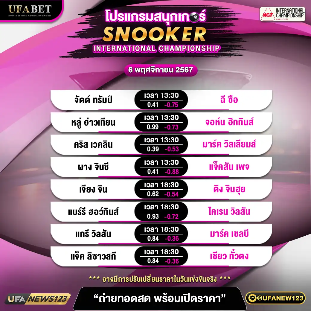 โปรแกรมสนุกเกอร์ SNOOKER INTERNATIONAL CHAMPIONSHIP เวลา 13.30 น. 06 พฤศจิกายน 2567