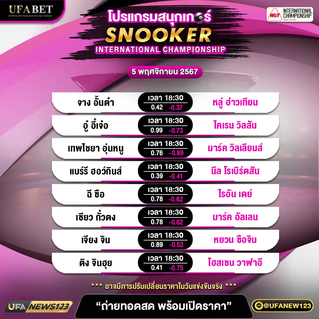 โปรแกรมสนุกเกอร์ SNOOKER INTERNATIONAL CHAMPIONSHIP เวลา 18.30 น. 05 พฤศจิกายน 2567