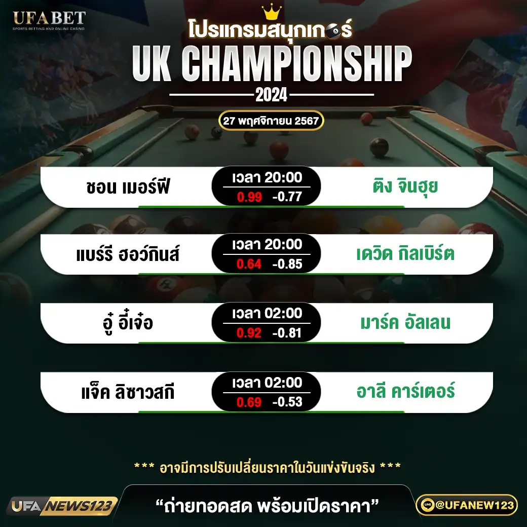 โปรแกรมสนุกเกอร์ UK CHAMPIONSHIP 2024 เริ่มเวลา 20.00 น. 27 พฤศจิกายน 2567