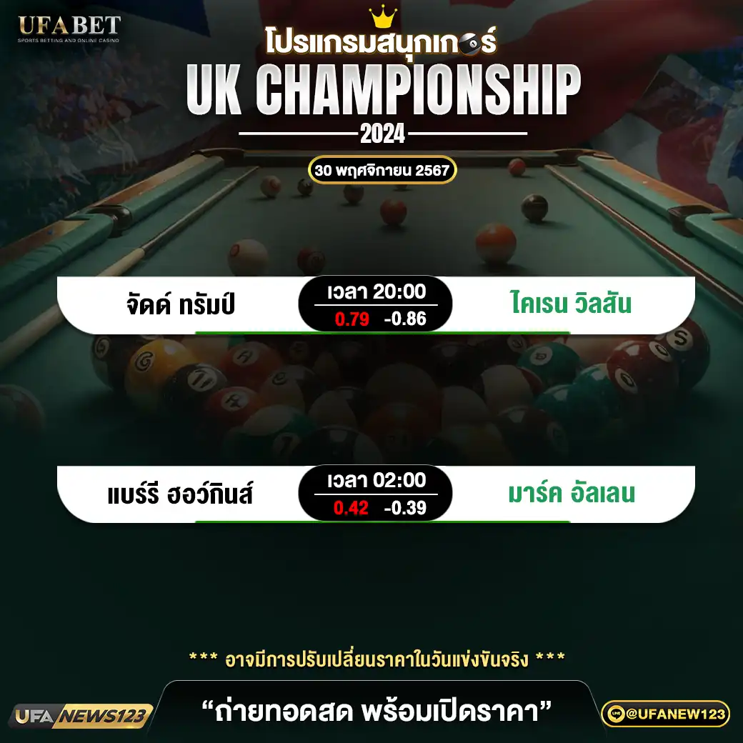 โปรแกรมสนุกเกอร์ UK CHAMPIONSHIP 2024 เริ่มเวลา 20.00 น. 30 พฤศจิกายน 2567