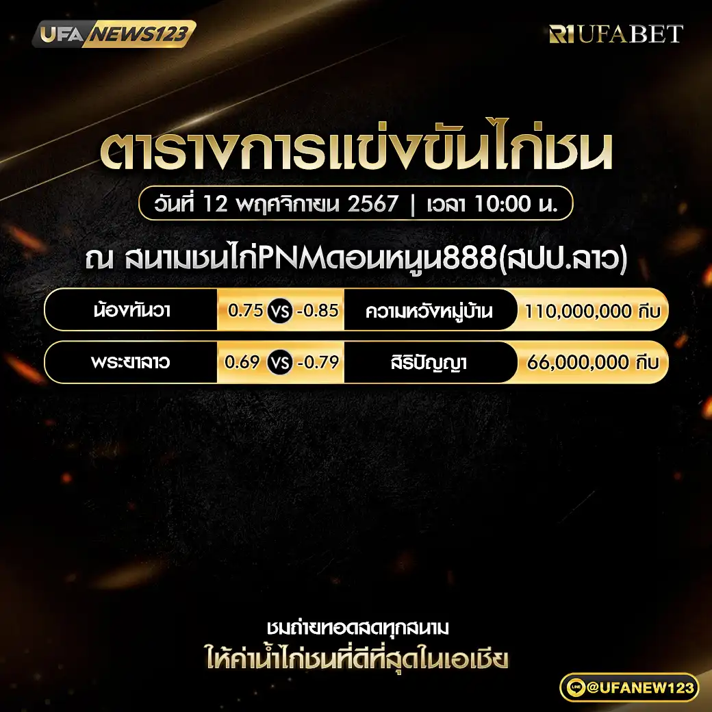 โปรแกรมไก่ชน สนามชนไก่PNMดอนหนูน888 เริ่มเวลา 10:00 น. 12 พศฤจิกายน 2567