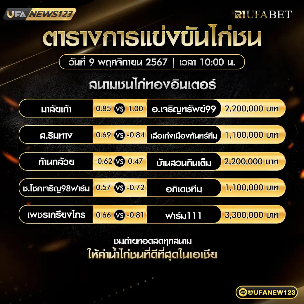 โปรแกรมไก่ชน สนามชนไก่ทองอินเตอร์ เริ่มเวลา 10.00 น. 09 พฤศจิกายน 2567