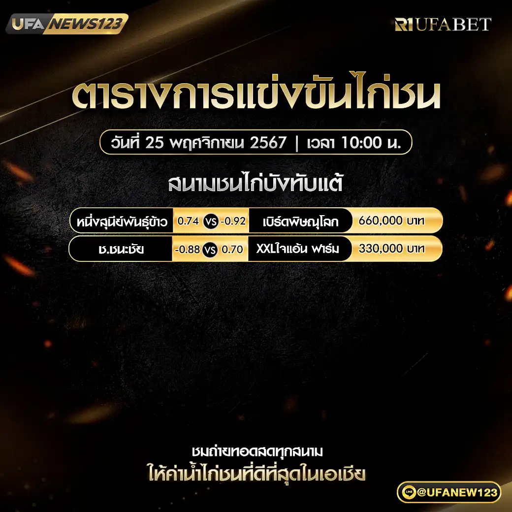 โปรแกรมไก่ชน สนามชนไก่บึงทับแต้ เริ่มเวลา 10.00 น. 25 พฤศจิกายน 2567