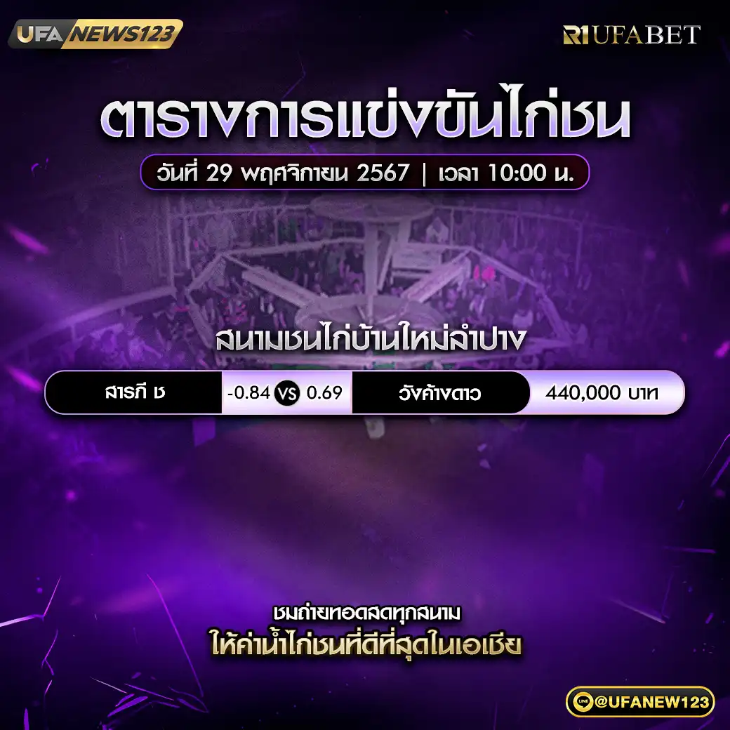 โปรแกรมไก่ชน สนามชนไก่บ้านใหม่ลำปาง เริ่มเวลา 10.00 น. 29 พฤศจิกายน 2567