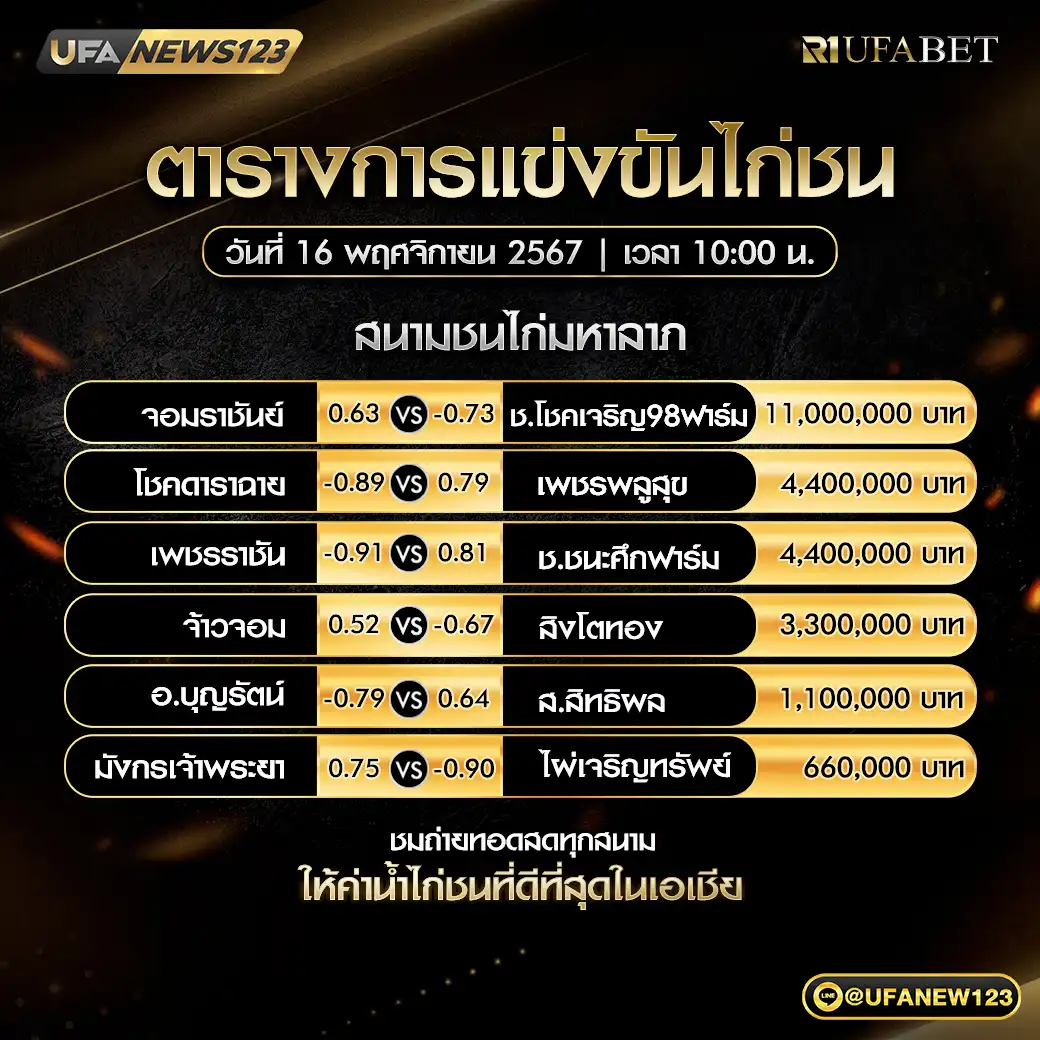 โปรแกรมไก่ชน สนามชนไก่มหาลาภ เริ่มเวลา 10:00 น. 16 พฤศจิกายน 2567