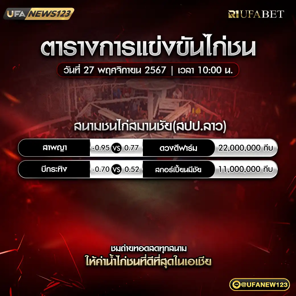 โปรแกรมไก่ชน สนามชนไก่สมานชัย (สปป.ลาว) เริ่มเวลา 10.00 น. 27 พฤศจิกายน 2567