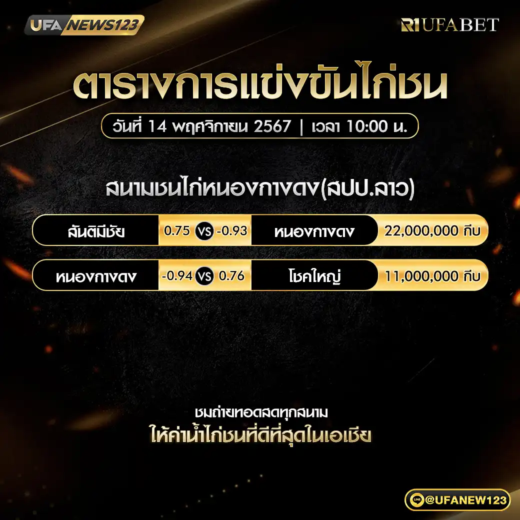 โปรแกรมไก่ชน สนามชนไก่หนองกางดง เริ่มเวลา 10:00 น. 14 พฤศจิกายน 2567