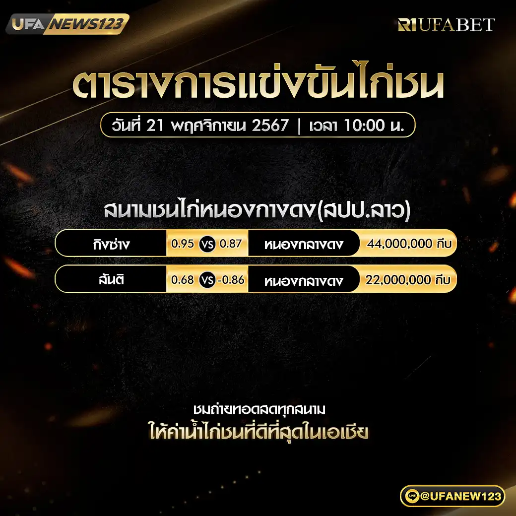 โปรแกรมไก่ชน สนามชนไก่หนองกางดง (สปป.ลาว) เริ่มเวลา 10.00 น. 21 พฤศจิกายน 2567