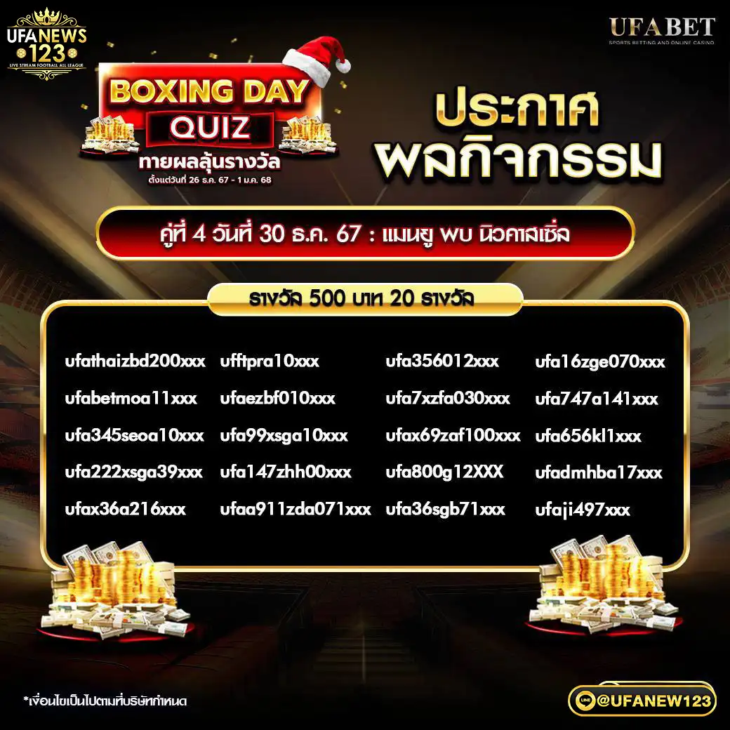 ประกาศกิจกรรม BOXING DAY QUIZ ทายผลลุ้นรางวัล 30 ธันวาคม 2567