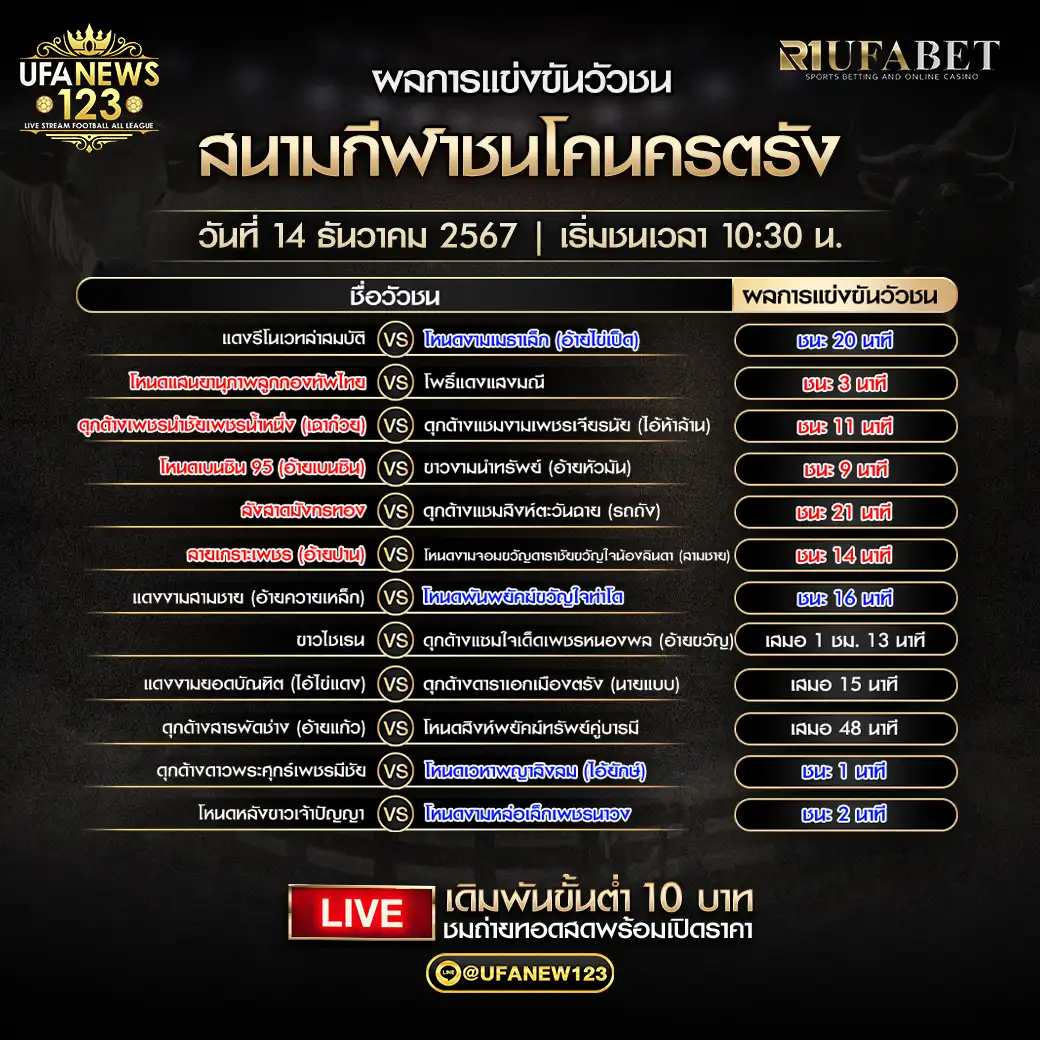 สรุปผลวัวชน สนามกีฬาชนโคนครตรัง 14 ธันวาคม 2567