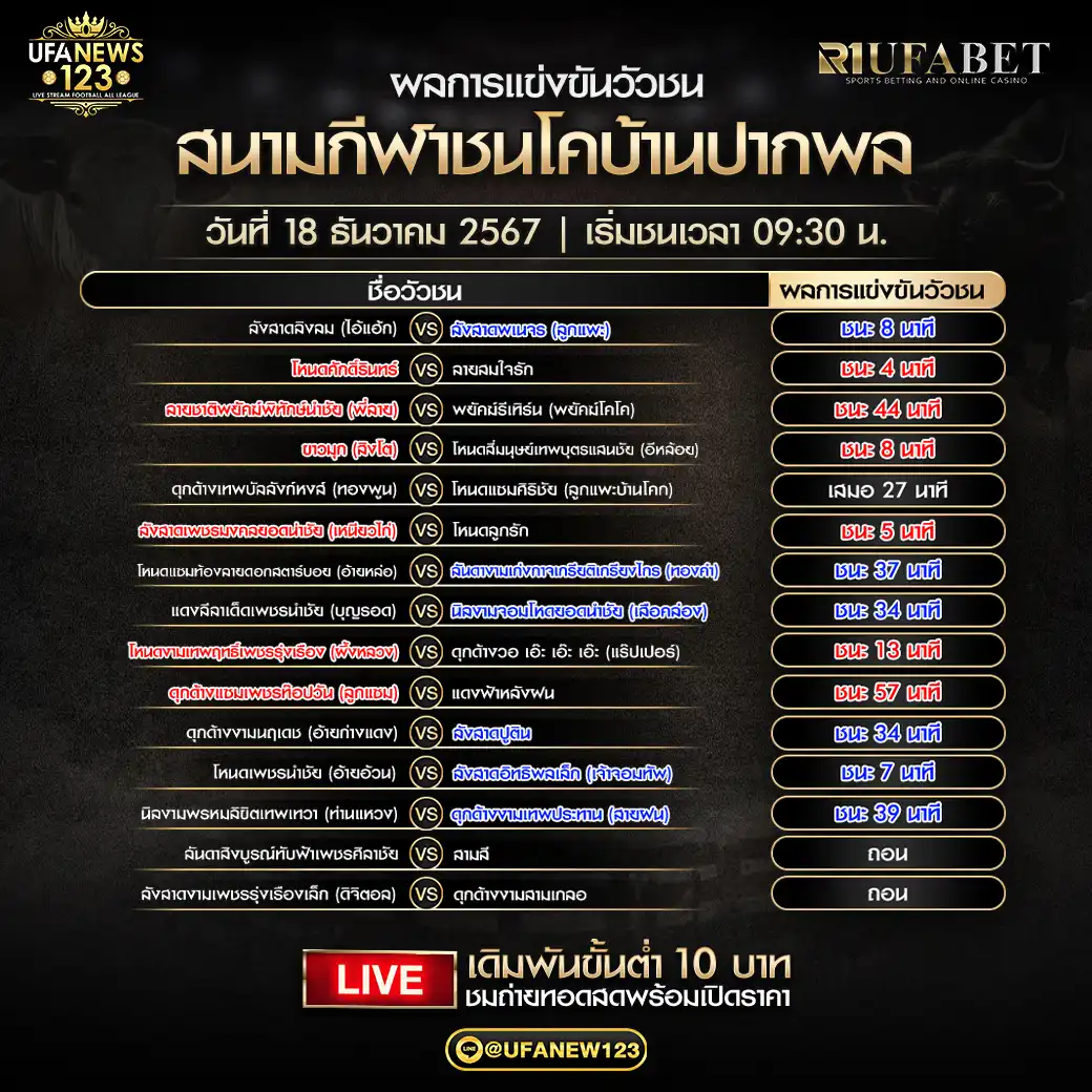 สรุปผลวัวชน สนามกีฬาชนโคบ้านปากพล 18 ธันวาคม 2567