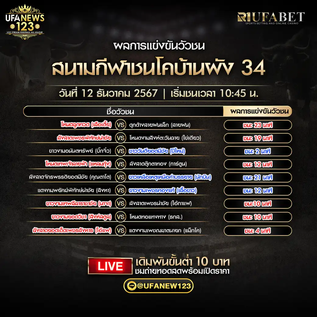 สรุปผลวัวชน สนามกีฬาชนโคบ้านพัง 34 12 ธันวาคม 2567