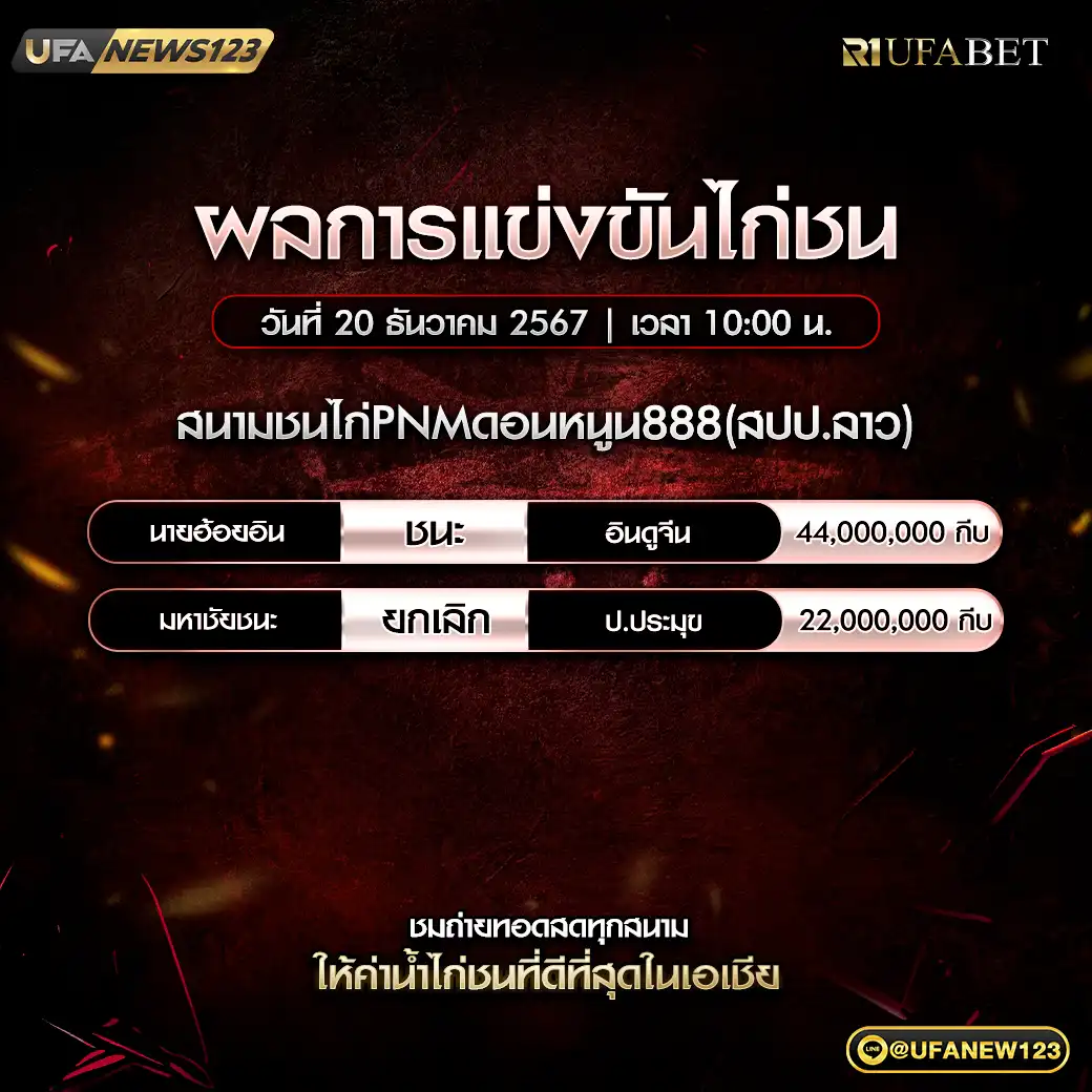 ผลไก่ชน สนามชนไก่PNMดอนหนูน888(สปป.ลาว) 20 ธันวาคม 2567