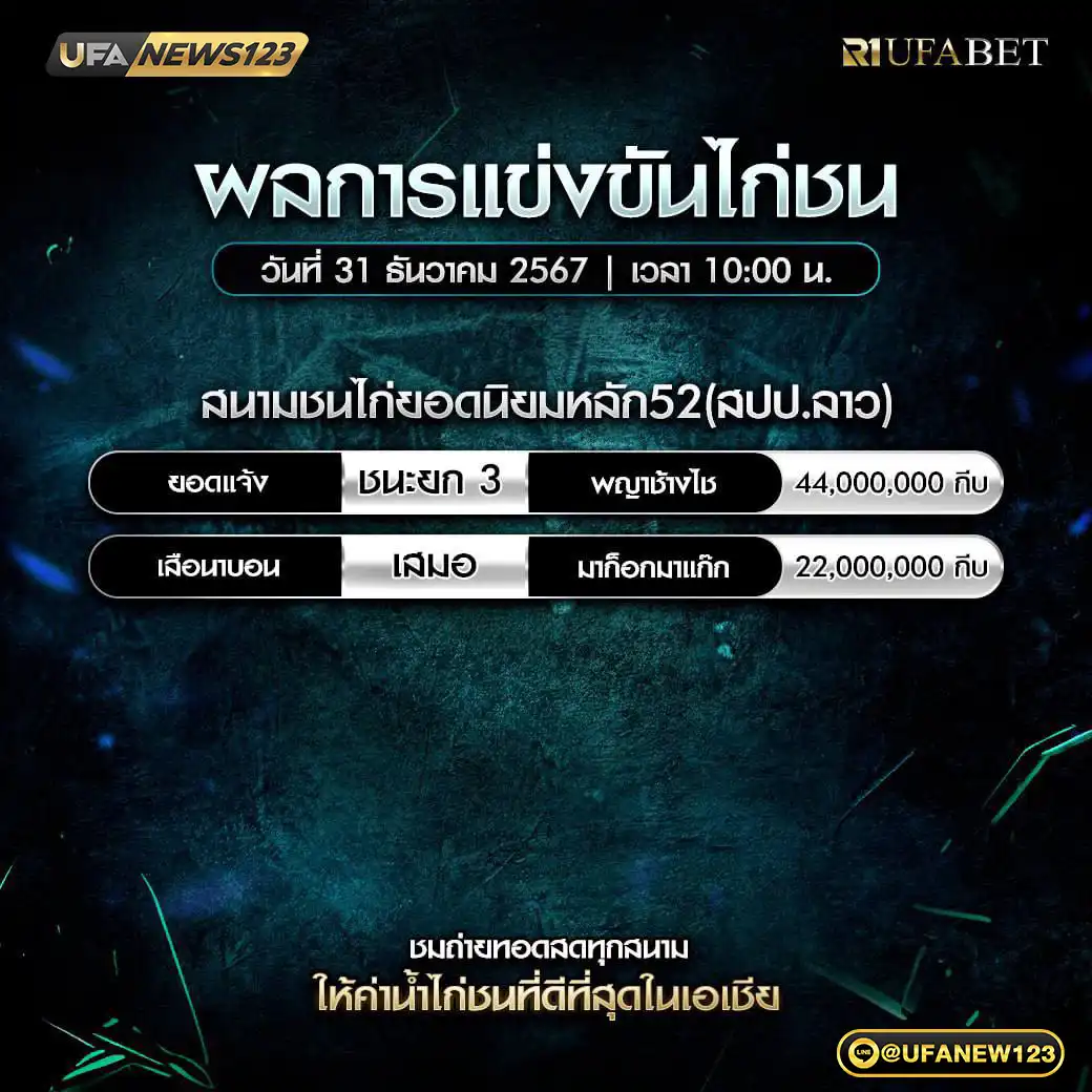 สรุปผลไก่ชน สนามชนไก่ยอดนิยมหลัก52 (สปป.ลาว) 31 ธันวาคม 2567