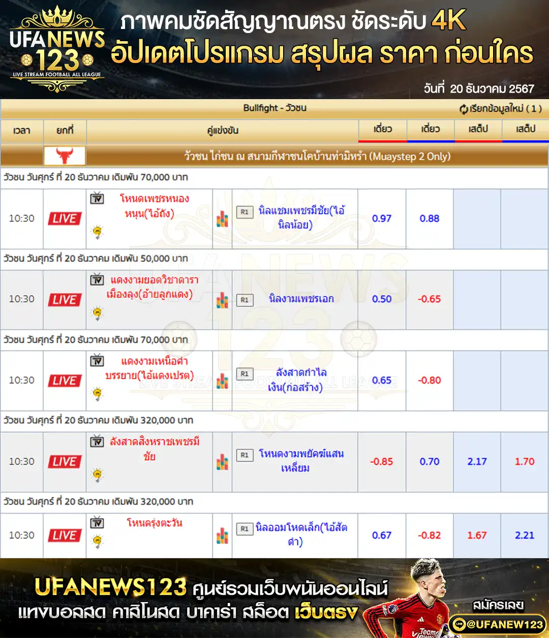 ราคาวัวชน สนามกีฬาชนโคบ้านท่ามิหรำ เริ่มชนเวลา 11:30 น. 20 ธันวาคม 2567