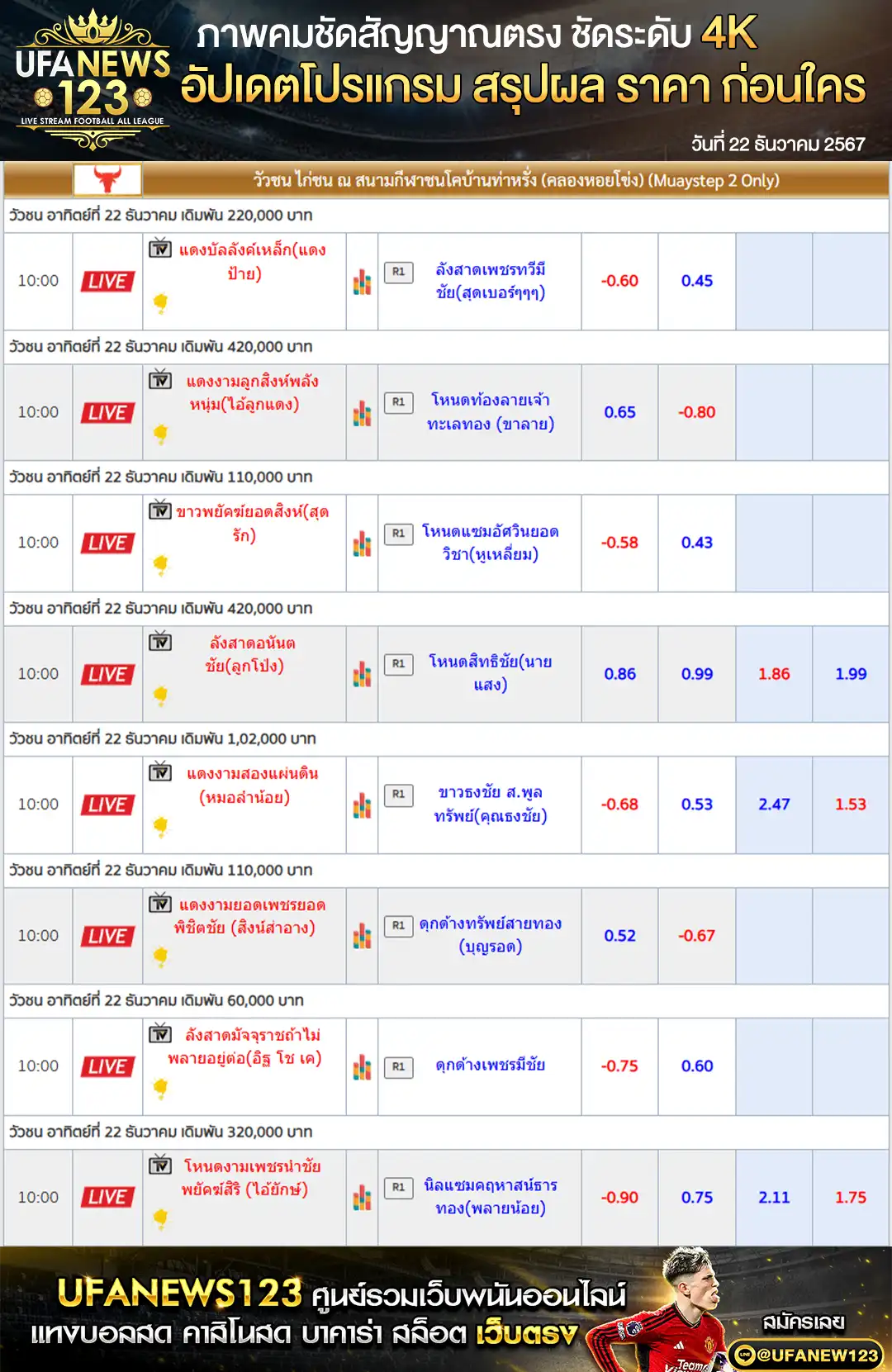 ราคาวัวชน สนามชนโคบ้านท่าหรั่ง เริ่มชนเวลา 10.30 น. 22 ธันวาคม 2567