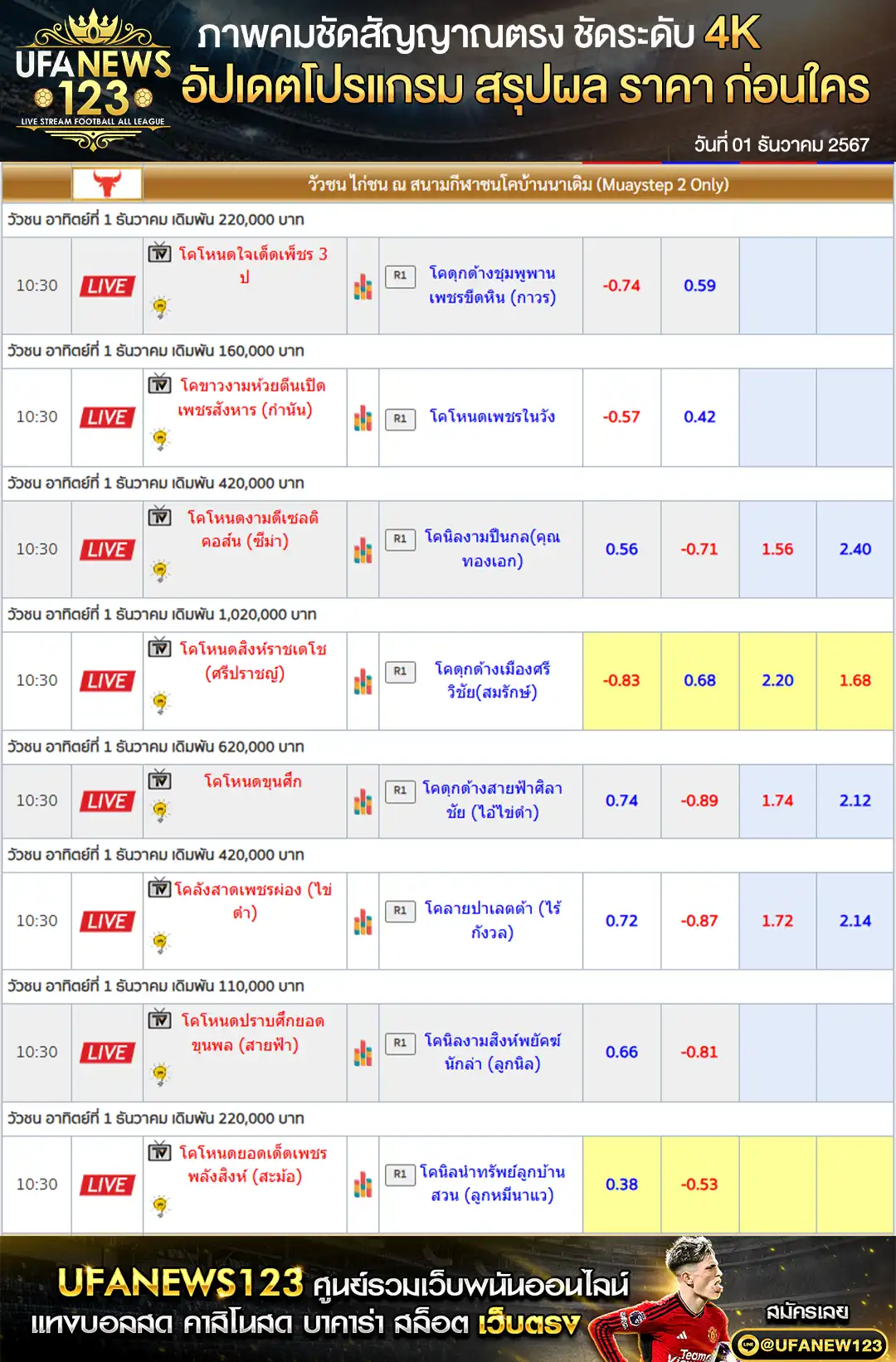 ราคาวัวชน สนามชนโคบ้านนาเดิม เริ่มเวลา  01:30 น. ธันวาคม 2567