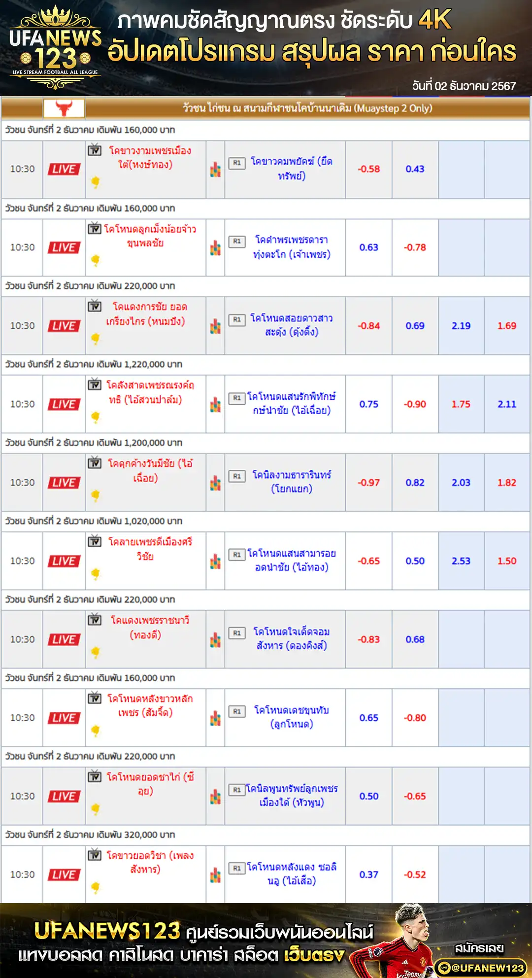 ราคาวัวชน สนามชนโคบ้านนาเดิม เริ่มชนเวลา 10.30 น. 02 ธันวาคม 2567