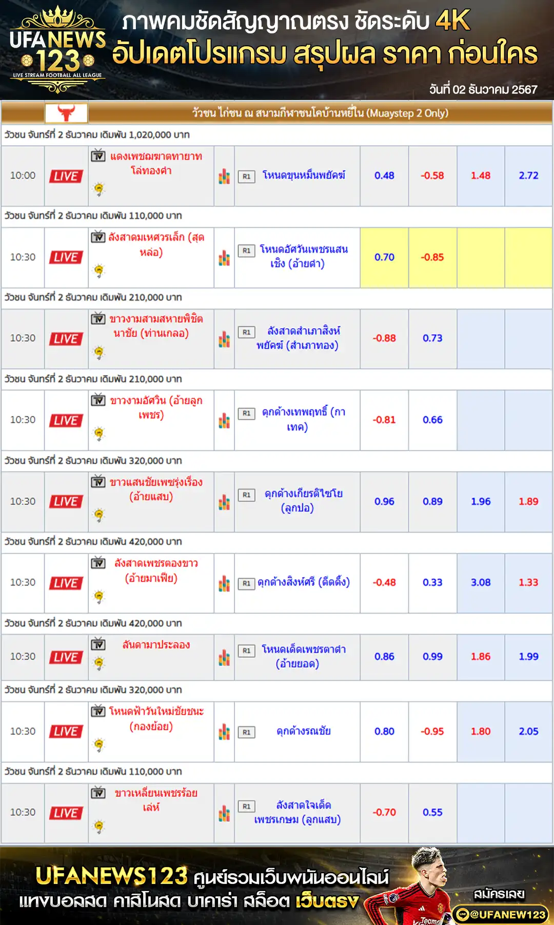 ราคาวัวชน สนามชนโคบ้านหยีใน เริ่มชนเวลา 10.30 น. 02 ธันวาคม 2567