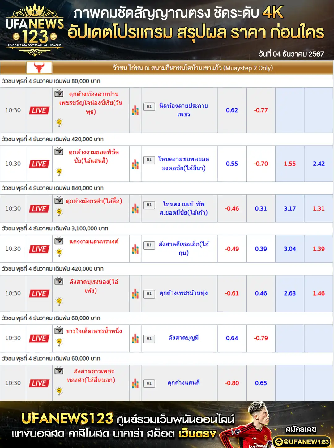 ราคาวัวชน สนามชนโคบ้านเขาแก้ว เริ่มชนเวลา 10.30 น. 04 ธันวาคม 2567