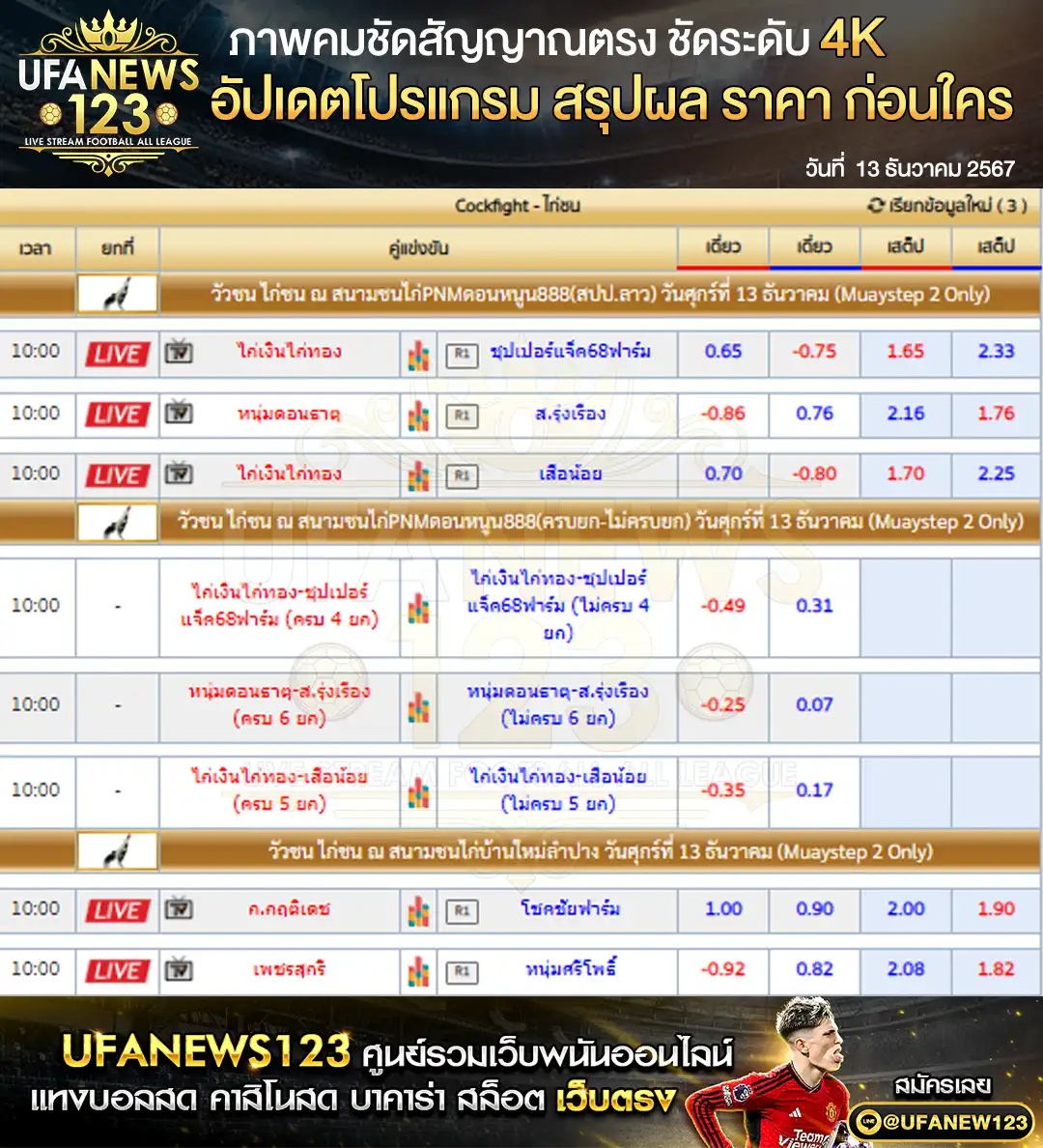 ราคาไก่ชน สนามชนไก่PNMดอนหนูน888 สนามชนไก่บ้านใหม่ลำปาง 13 ธันวาคม 2567