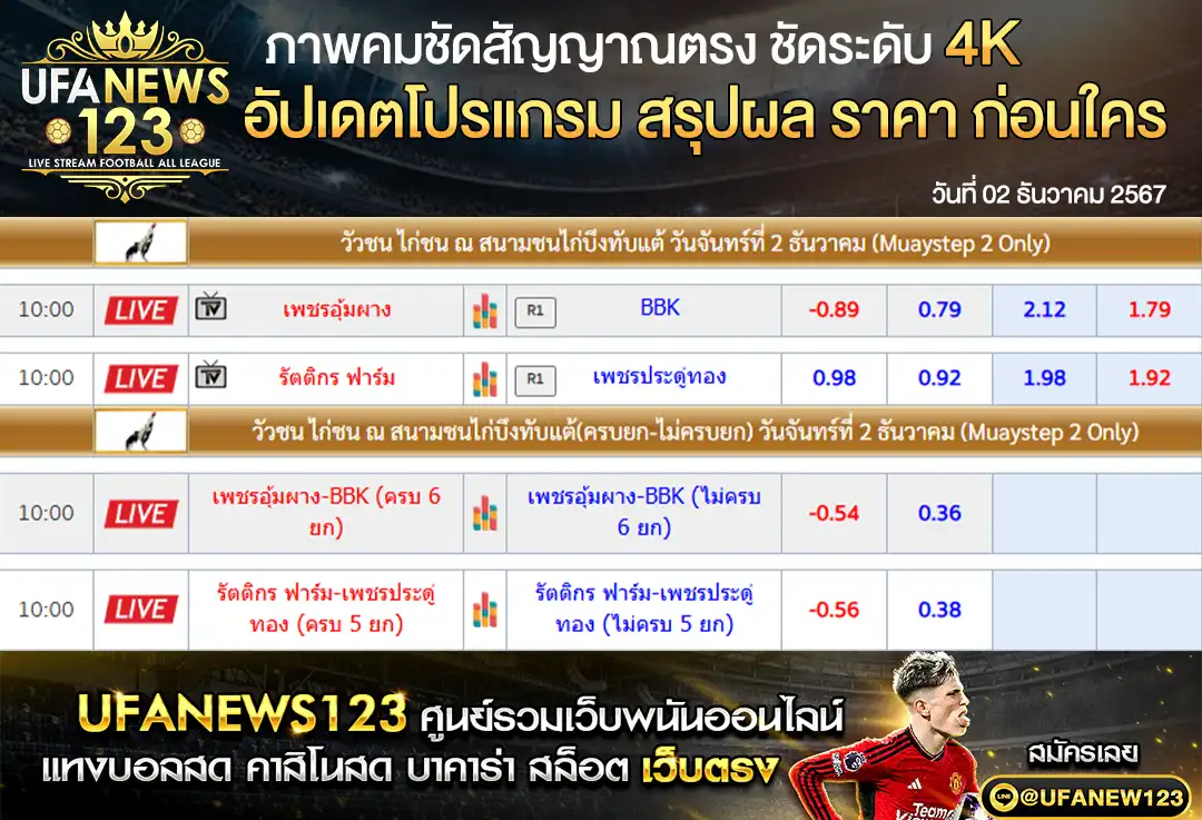 ราคาไก่ชน สนามชนไก่บึงทับแต้ เริ่มเวลา 10.00 น. 02 ธันวาคม 2567