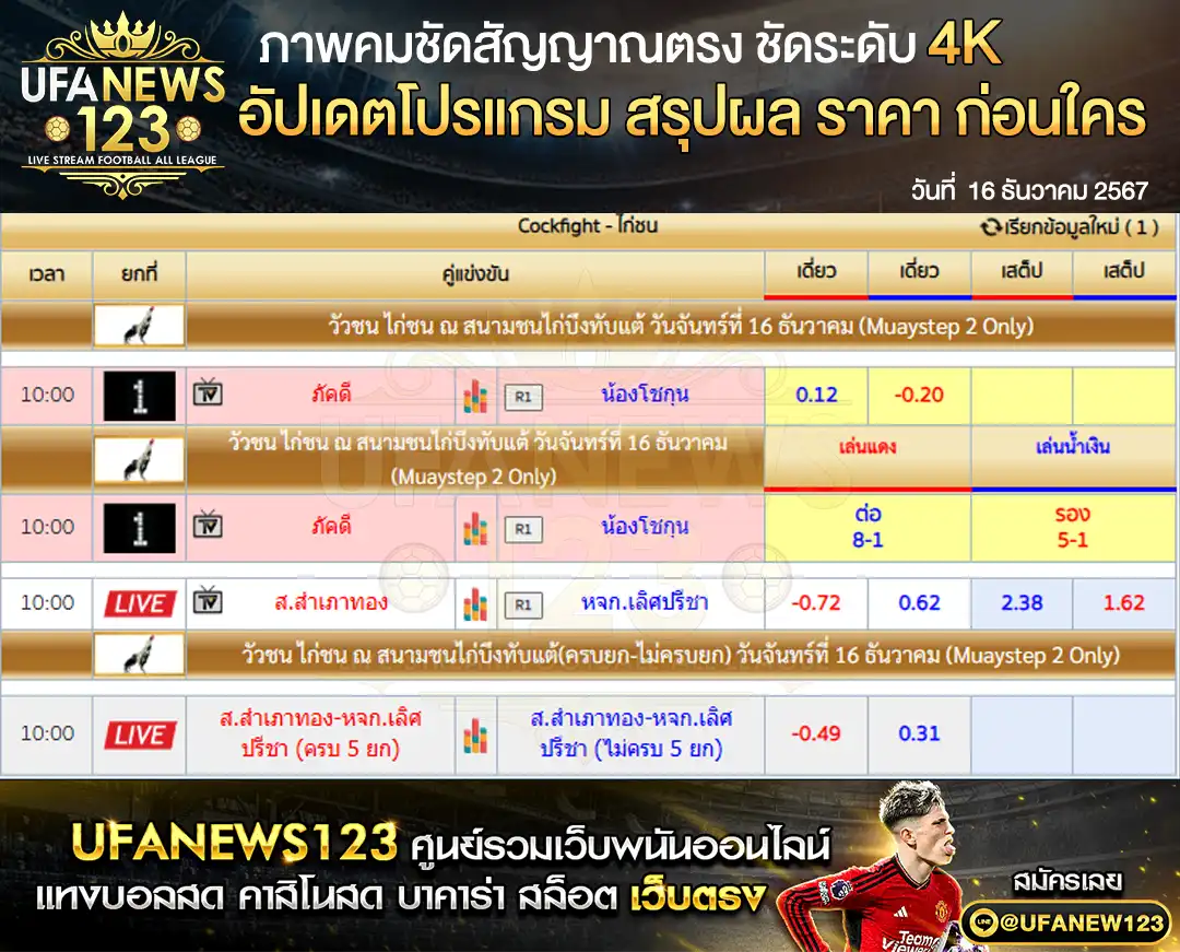 ราคาไก่ชน สนามชนไก่บึงทับแต้ 16 ธันวาคม 2567