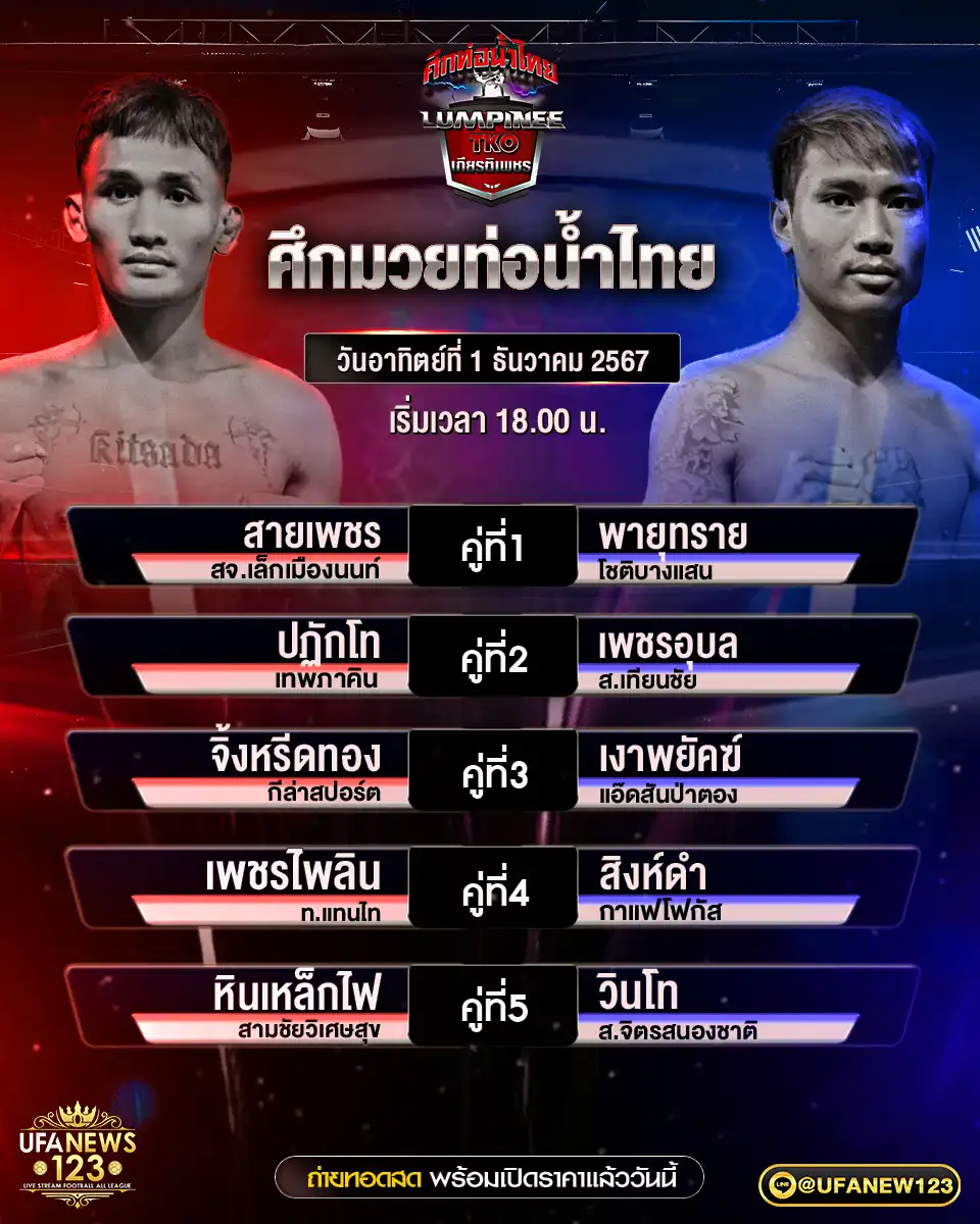 โปรแกรมมวย ศึกมวยท่อน้ำไทย เริ่มเวลา 18.00 น. 01 ธันวาคม 2567