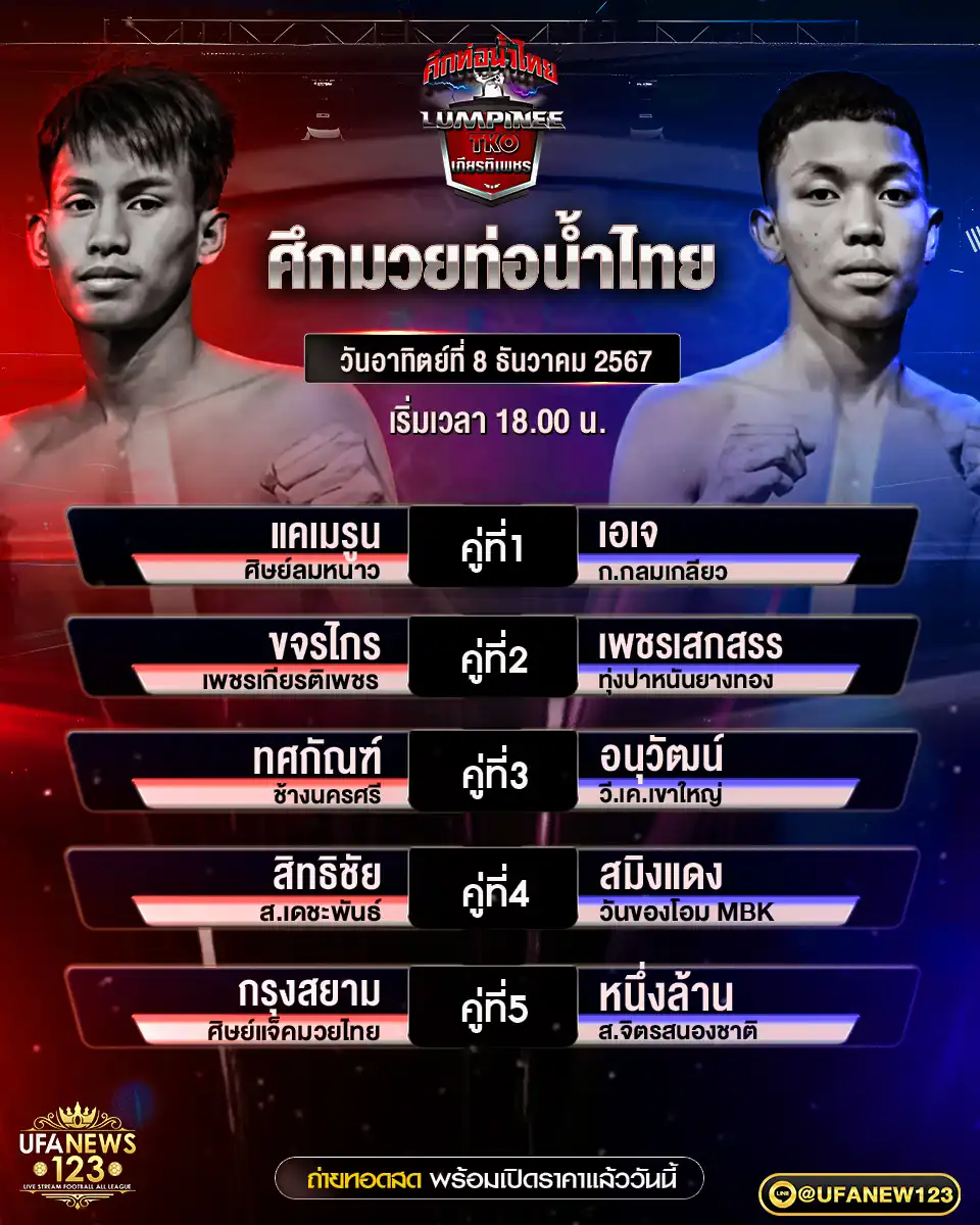 โปรแกรมมวย ศึกมวยท่อน้ำไทย เริ่มเวลา 18.00 น. 08 ธันวาคม 2567