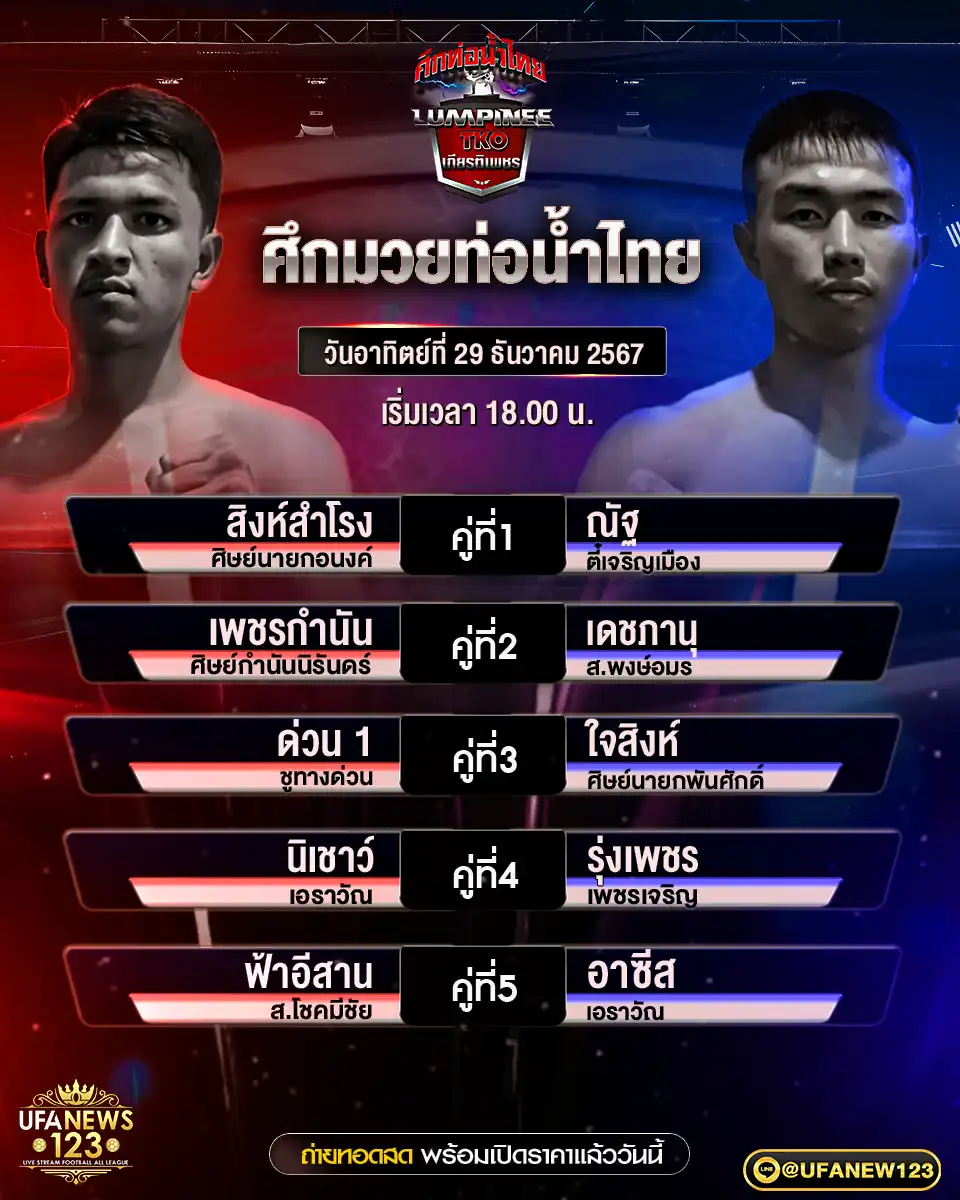 โปรแกรมมวย ศึกมวยท่อน้ำไทย เริ่มชนเวลา 18.00 น. 29 ธันวาคม 2567