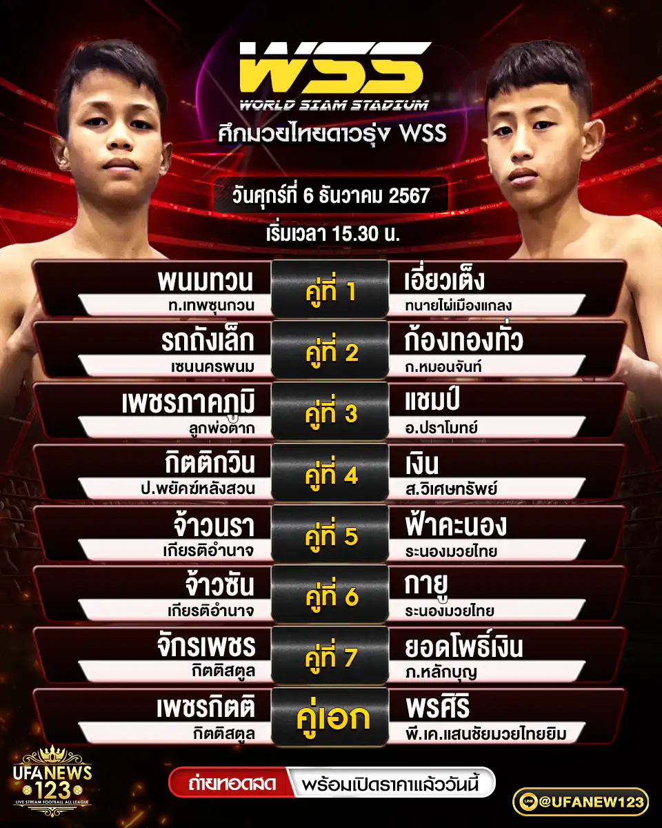 โปรแกรมมวย ศึกมวยไทยดาวรุ่ง WSS เริ่มเวลา 15.30 น. 06 ธันวาคม 2567