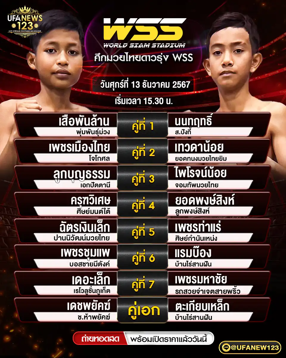 โปรแกรมมวย ศึกมวยไทยดาวรุ่ง WSS เริ่มเวลา 15:30 น. 13 ธันวาคม 2567