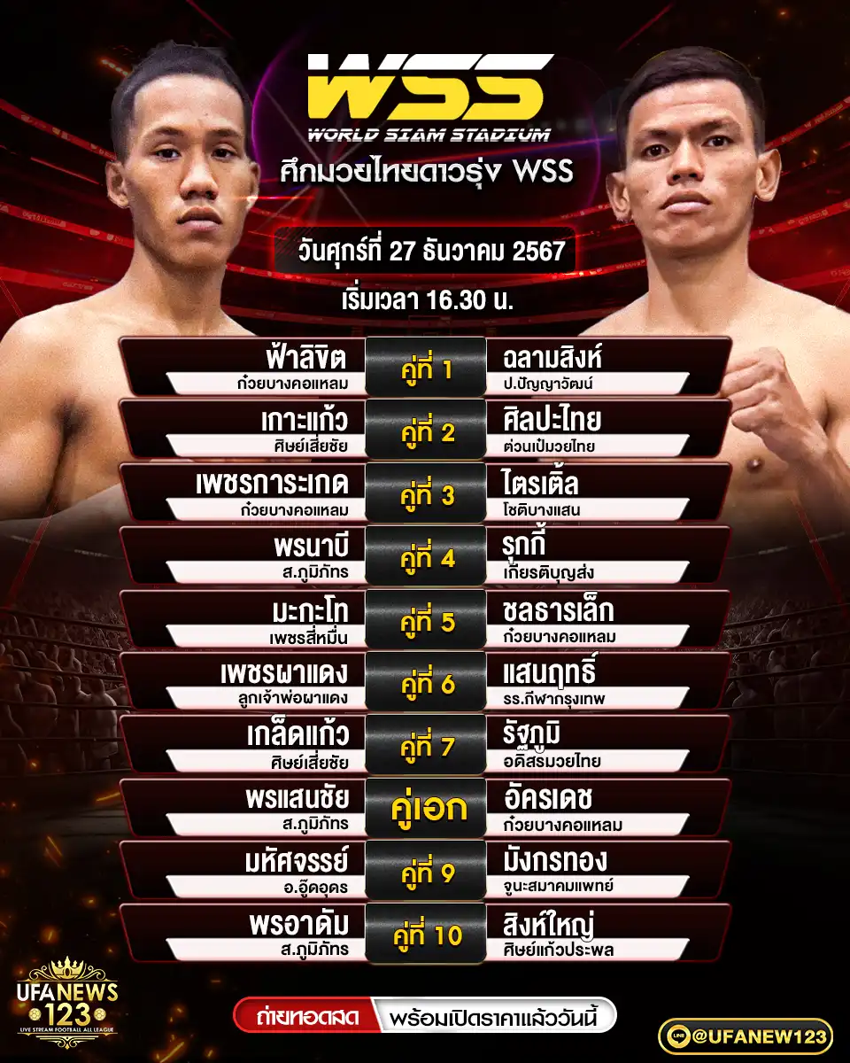 โปรแกรมมวย ศึกมวยไทยดาวรุ่ง WSS เริ่มเวลา 16.30 น. 27 ธันวาคม 2567