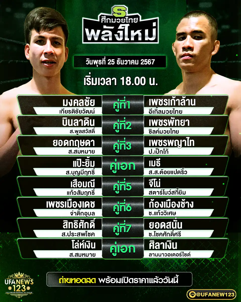 โปรแกรมมวย ศึกมวยไทยพลังใหม่ เริ่มเวลา 18:00 น. 25 ธันวาคม 2567