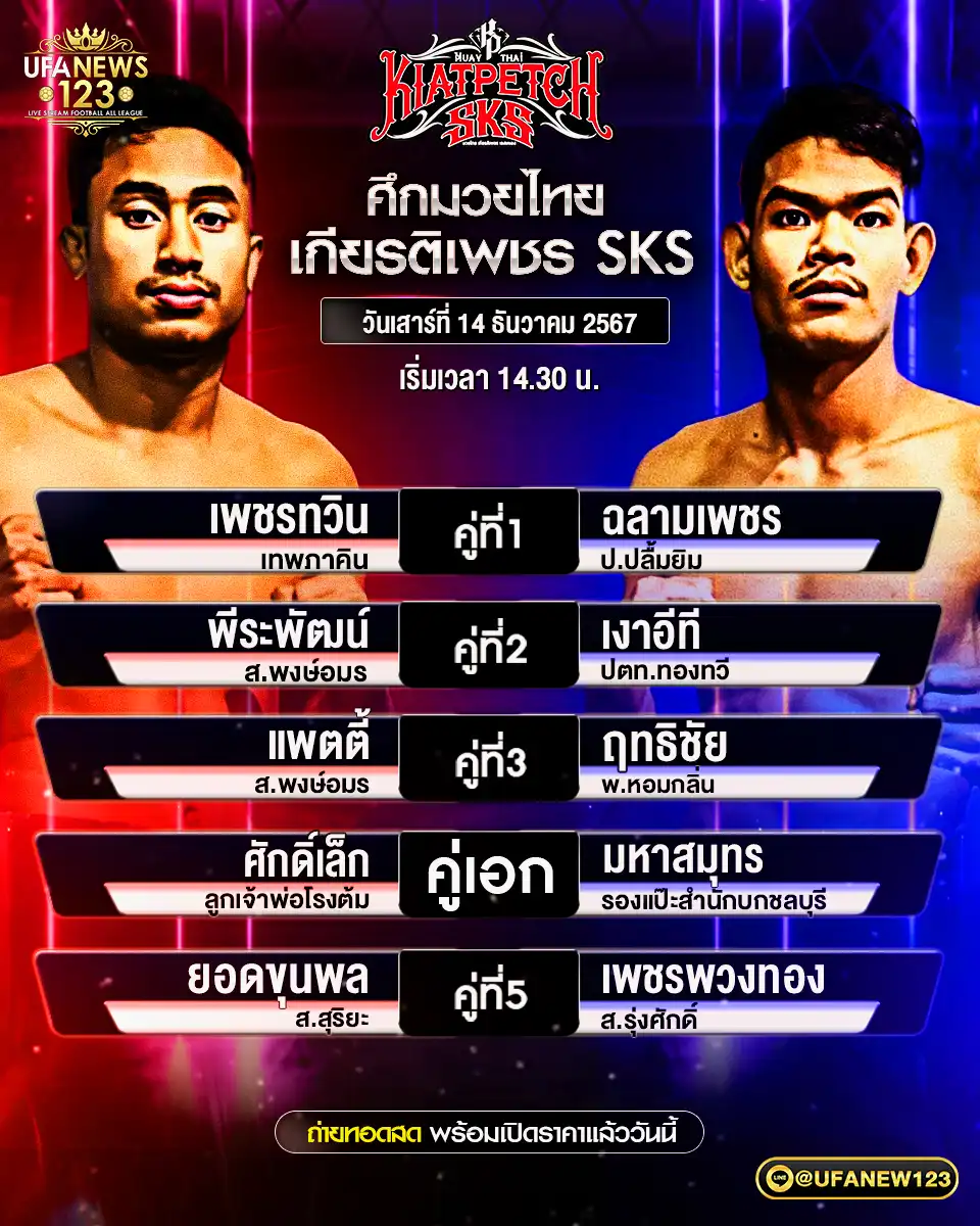 โปรแกรมมวย ศึกมวยไทยเกียรติเพชร SKS เริ่มเวลา 14:30 น. 14 ธันวาคม 2567