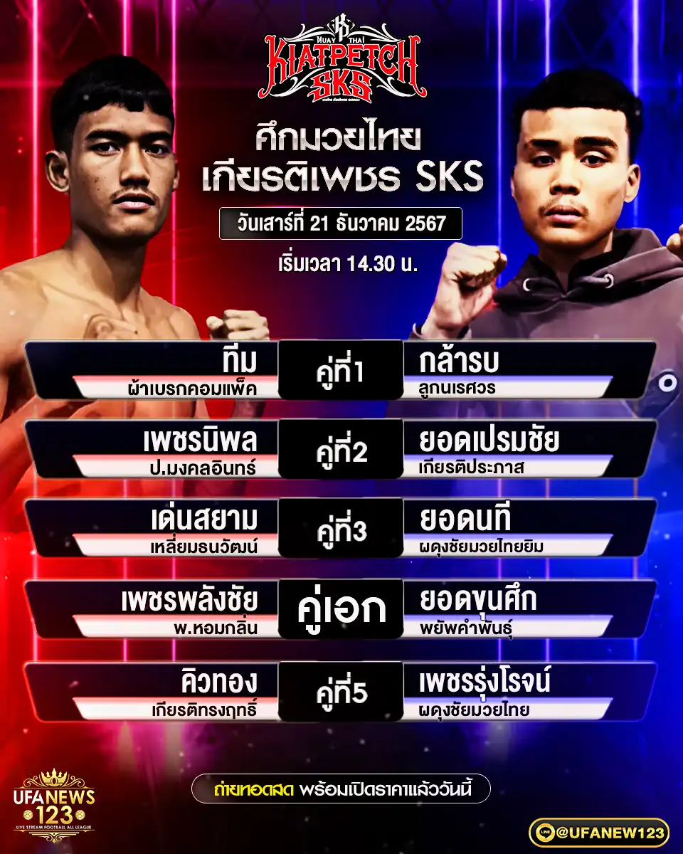 โปรแกรมมวย ศึกมวยไทยเกียรติเพชร SKS เริ่มเวลา 14.30 น.  21 ธันวาคม 2567