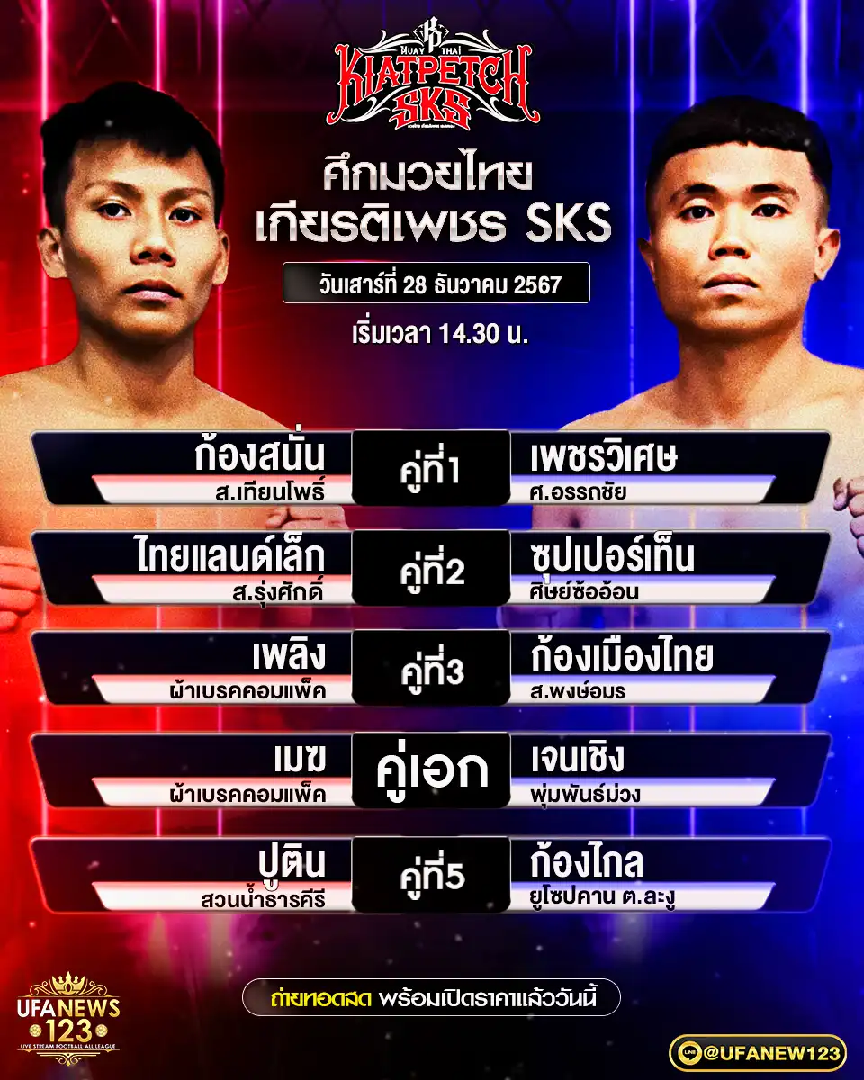 โปรแกรมมวย ศึกมวยไทยเกียรติเพชร SKS เริ่มเวลา 14.30 น. 28 ธันวาคม 2567