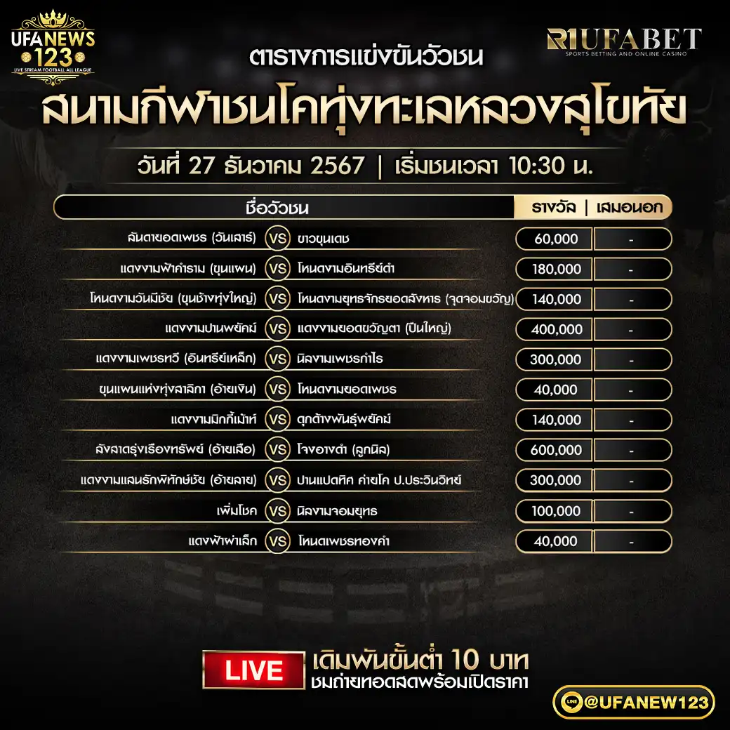 โปรแกรมวัวชน สนามชนโคทุ่งทะเลหลวงสุโขทัย เริ่มชนเวลา 10.30 น. 27 ธันวาคม 2567