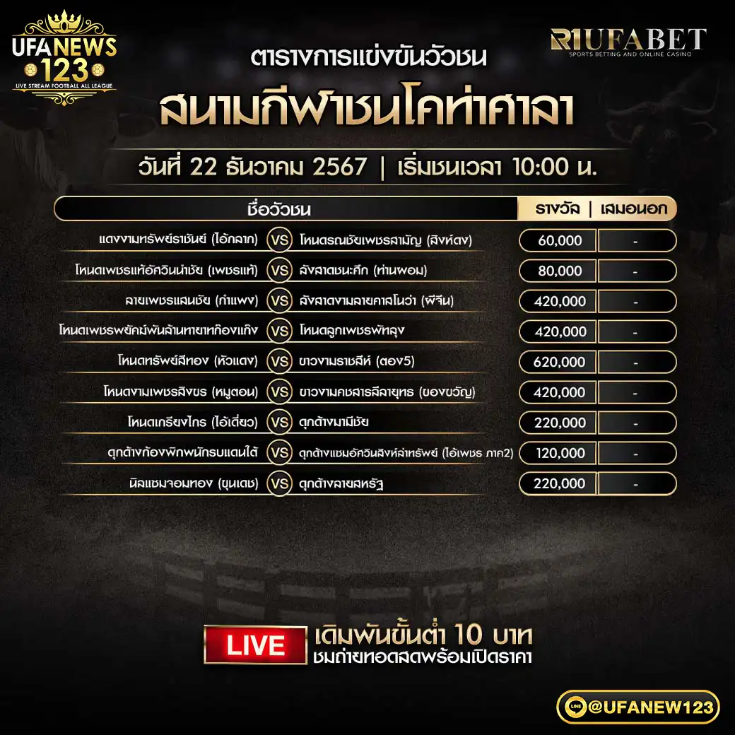 โปรแกรมวัวชน สนามชนโคท่าศาลา เริ่มชนเวลา 10.00 น. 22 ธันวาคม 2567