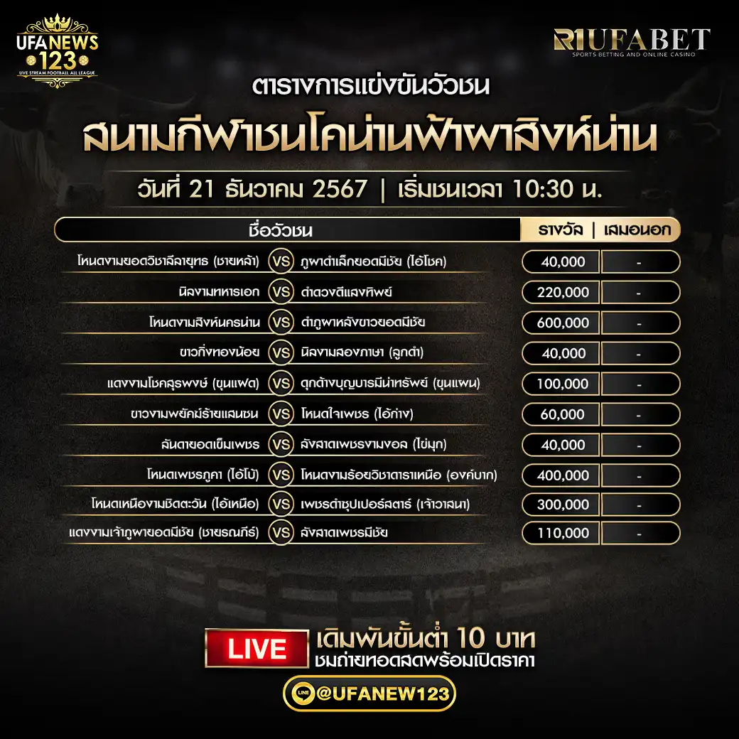 โปรแกรมวัวชน สนามกีฬาชนโคน่านฟ้าพาสิงห์น่าน เริ่มชนเวลา 10:30 น. 21 ธันวาคม 2567 