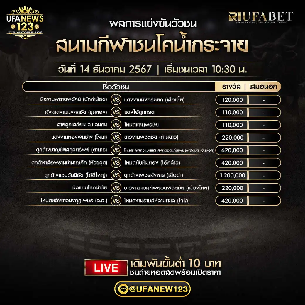 โปรแกรมวัวชน สนามกีฬาชนโคน้ำกระจาย เริ่มชนเวลา 10:30 น. 14 ธันวาคม 2567